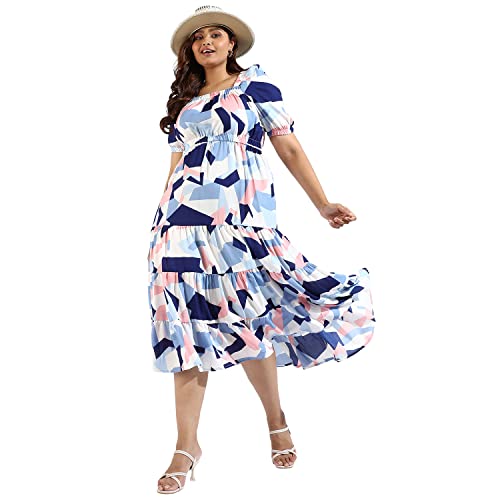 Image of Instafab Plus Women's Multicolour Printed Midi Length Short Sleeve Regular Fit Wrap Dress for Casual Wear | Modern Clothing Dress Crafted with Comfort Fit for Everyday Wear, 3XL