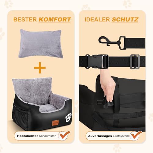 Hunde Autositz, 55x30x30cm, 1 Ansteckbare, Verstellbare Sicherheitsleinen, Auto-Hundebett für kleine Hunde, komplett Abnehmbarer und Waschbarer Autositz für Haustiere mit 2 Aufbewahrungs