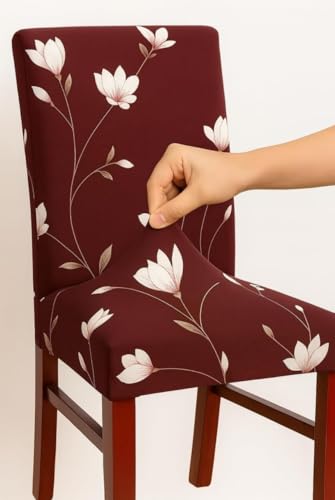 Image of Homerz Premium 6 Seater Dining Table Cloth with 6 Dining Chair Covers,Elastic Fitted Chair Slipcovers, Printed Polycotton Fabric, Table Cloth Size 60x90 inch (Red Floral)