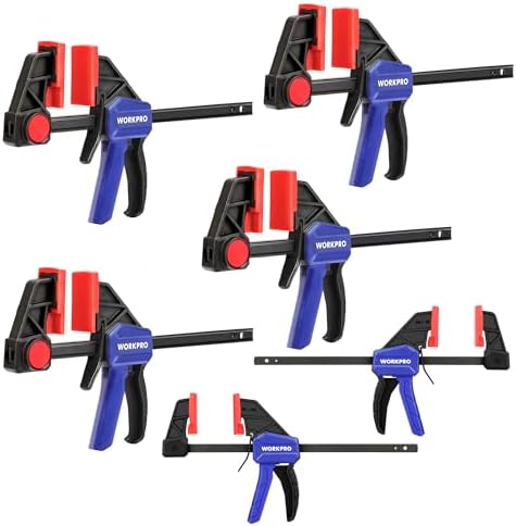 WORKPRO Einhandzwingen Set 6 Stück, 150mm Schraubzwinge Set | Spannkraft 22,5kg/68kg, Spannweite 150mm, 4 Klassik & 2 Mini Schraubzwingen für präzises Fixieren und Holzarbeit