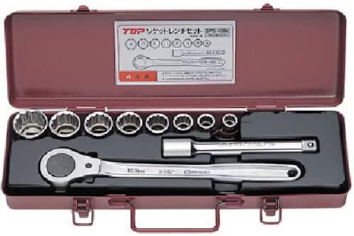 TOP Corporation SWS-408S Socket Wrench Set, 0.5 inch 12.7 mm, Case, Strong Type, Ratchet Handle, 0.4 - 1.1 inch 10 - 27 mm Sockets, Others, Total 10 Piece Set, Made in Japan