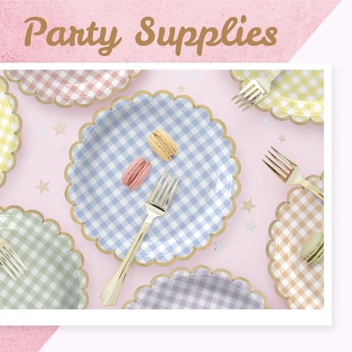 Image of Party Paper Plates, 50-Pack 9-Inch Bulk Disposable Decorative Paper Plates with Gold Scalloped Trim, 6 Assorted Colors for Tea Party, Easter, Garden Party, and Bridal Showers, Gilded Pastel Gingham