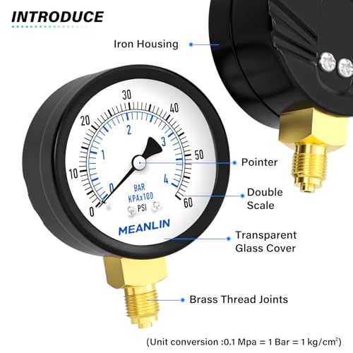 MEANLIN MEASURE 0~4BAR/0~60PSI Brunnenpumpe Druckmessgerät 2DIAL FACE 1/4BSP mit 1/2BSP und 3/8BSP Hex Bushing Pool Sand Filter Wasser Öl Luft Druck Test Center Lower Mount