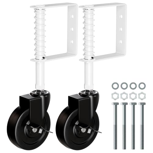 4" Heavy Duty Gate Caster with Side Brake, Spring Loaded Gate Wheels, Gate Caster Wheel with 360 Rotation for Wooden Gate Fence, Metal Tube Gate, 220 Lbs Capacity, White, 2 Pack