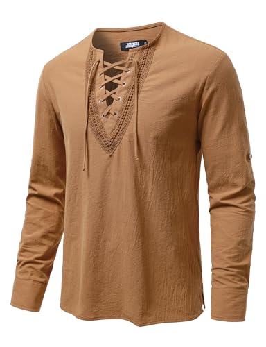 Image of JOGAL Mens Renaissance Shirt Medieval Pirate Viking Halloween Costume Gothic Steampunk Retro Long Sleeve Lace Up Shirts