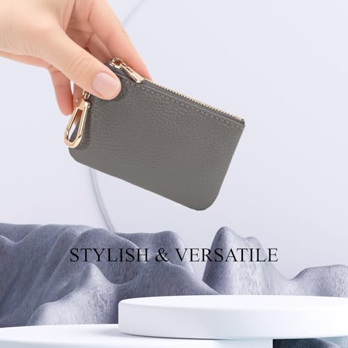 Image of Full Grain Leather Coin Purse with Key Chain - Small Change Purse Keychain Card Holder Keychain Pouch Small Keychain Wallet for Women and Men (Gray)