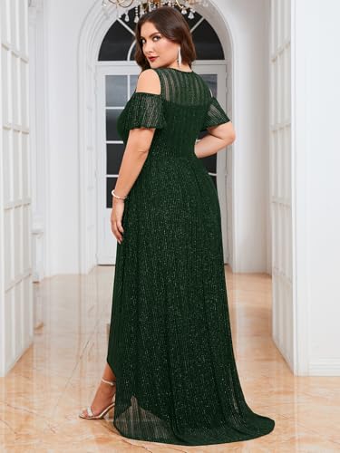Image of ZOMVA Plus Size Sparkly Mesh Maxi Dress Cold Shoulder Ruffle Sleeve High Low A Line Dresses Wedding Guest Cocktail Party