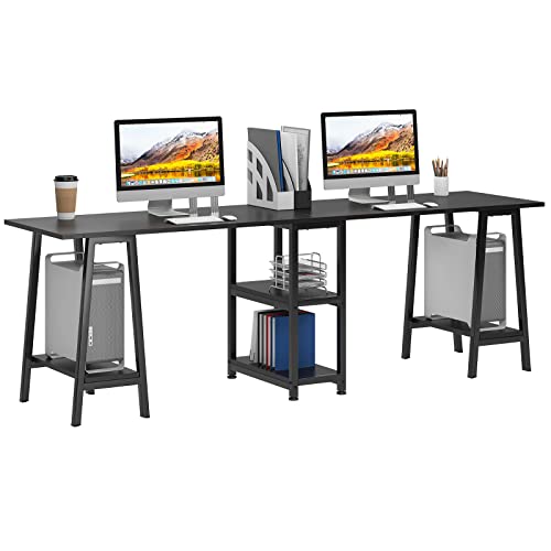 Soges Double Computer Desk, 94.5 Inch Two Person Desk, Dual Desk For Home Office, Long Writing Desk Workstation With Storage Shelves, Black #TOP22