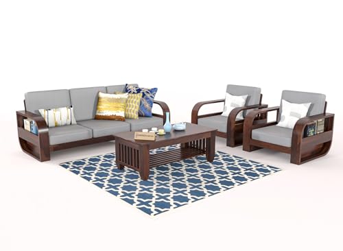 Image of Wooden 5 Seater Sofa Set for Living Room, Five Seater Sofa for Office & Lounge, 3+1+1 Seater Sofa Sets for Home, Sheesham Wood (Walnut Finish)