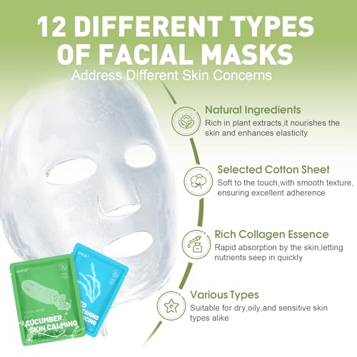 KONEUK 48 Pack Collagen Hydrating Face Masks Skincare for Women, Moisturizing & Soothing Face Mask for All Skin Types, Facial Masks Set Spa , Bulk Sheet Face Mask for Skin Care