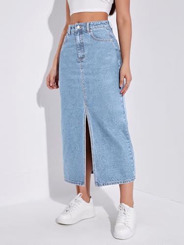 Image of Aahwan Women's & Girl's Black Solid High Waist Slit Below The Knee Denim Skirt