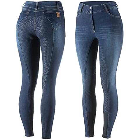 HORZE Kaia Womens Denim Horse Riding Pants | High Waist Silicone Full Seat Breeches - Dark Blue - 26 Cover