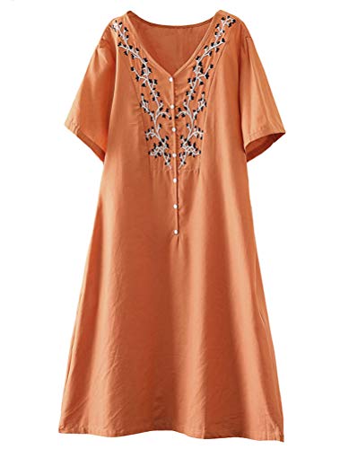 Minibee Women's Linen Tunic Dresses V-Neck Midi Dress Embroidered Short Sleeve Summer Sundress Orange 2XL
