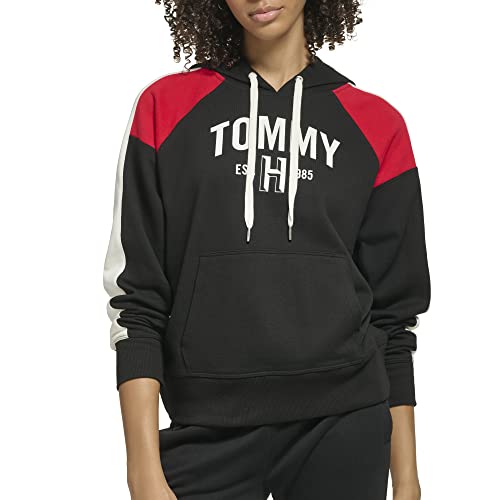 Tommy Hilfiger Women's Relaxed Fit Athletic Blocking Printed Graphic On Chest Hoodie, Black #TOP19