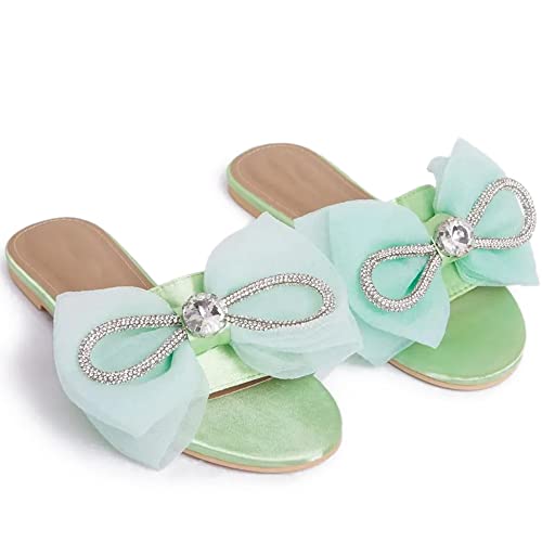 MissHeel Tulle Bow Flat Sandals with Rhinestone