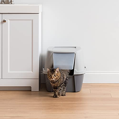 Iris Usa Jumbo Enclosed Cat Litter Box With Front Door Flap And Scoop, Hooded Kitty Litter Tray With Handle And Buckles For Portability And Privacy, Gray #TOP6