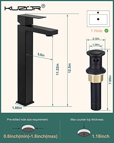 Kuzor Vessel Sink Faucet Matte Black, Single Hole 1 Handle Tall Bathroom Faucets With Metal Pop Up Drain, 304 Stainless Steel Square Modern Faucet For Bowl Sink 12.5 Inch #TOP5