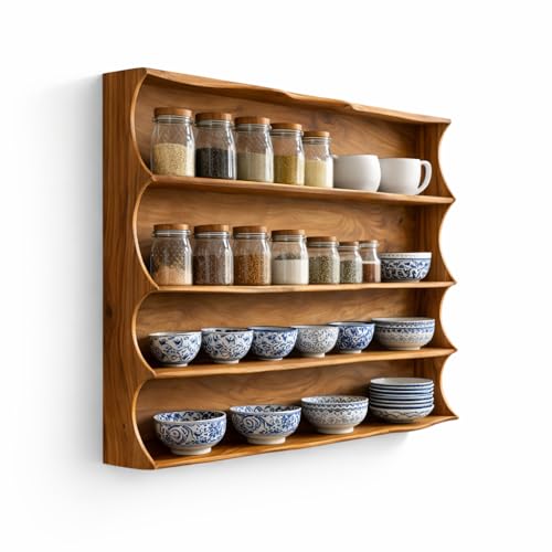HOMORA Rustic Wooden Wall Mounted Kitchen Shelf – 4 Tier
