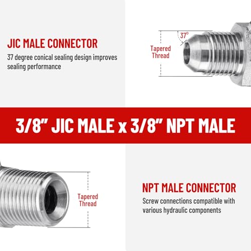 Image of 5 Pack 90 Degree Elbow Hydraulic Adapter Fittings: 3 /8 inch JIC Male x 3 /8 inch NPT Male, with Protection Cover Hydraulic Hose Crimp Connectors