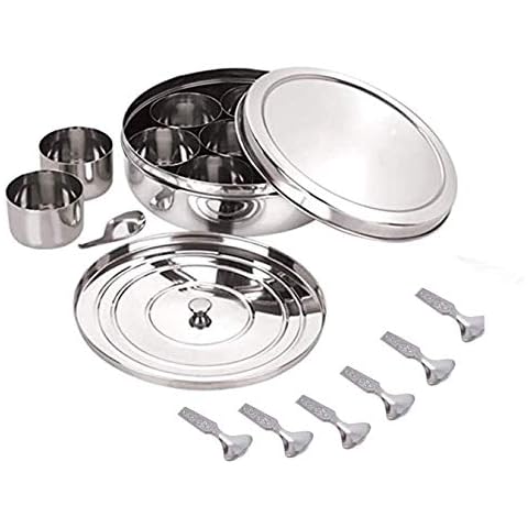 Satre Online and Marketing Stainless Steel Masala Box,Stainless Steel Spice Box,Spice Box with 7 Spice Containers, 2 Spoon With Lid,Spice box,Masala Box,Masala Dabba Cover