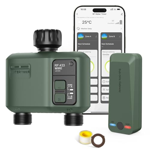 WiFi Water Timer 2 Zone for Garden Hose, Smart Sprinkler Timer with 984ft RF Range, Smart Lawn Watering System Irrigation Controller, APP/Voice Control, Rain Delay, Automatic/Manual Irrigation
