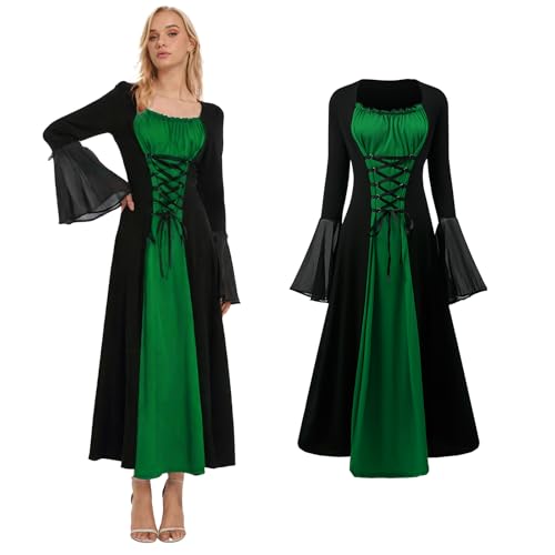 HZVRTN Renaissance Kleid Damen, Mittelalter Kleidung Damen mit Trompetenärmel, Gothic Kleid für Halloween Karneval Party (Grün, M)