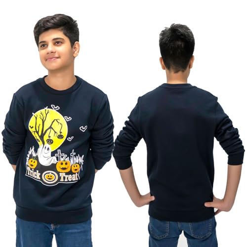 Image of Unisex Kids Boys Happy Halloween Pumpkin Printed Sweatshirts Girls Web Skull Cat Melting Skull Sweatshirt Trick or Treat Costumes Long Sleeve T Shirt Tops Jumper (11-12 Years, Pumpkin Tree Navy)
