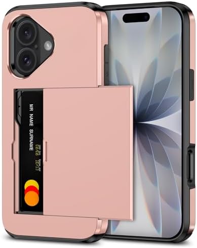 SAMONPOW for iPhone 17 Case with Card Holder iPhone 17 Wallet Case 6.3 inch Heavy Duty Protective Shockproof Dual Layer Hidden Card Slot Slim Cover for Women Men, Rose Gold