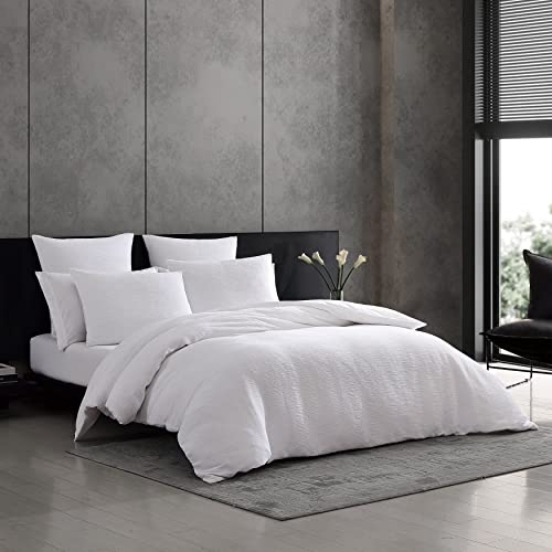 Vera Wang - King Duvet Cover Set, Luxury Cotton Bedding With Button Closure, Includes Matching Shams (Textured Pleats White, King) #TOP1
