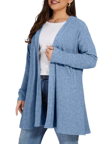OVERWORETY Long Sleeve Open Front Cardigan Sweaters for Women Plus Size Tunic Tops with Pockets