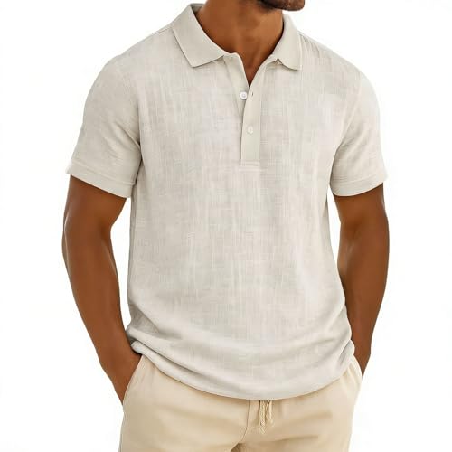 Linen Mens Shirt Cotton Linen Polo Shirts Men Summer Casual Moisture Wicking Short Sleeve Golf Shirt Button Down Collared Tops White