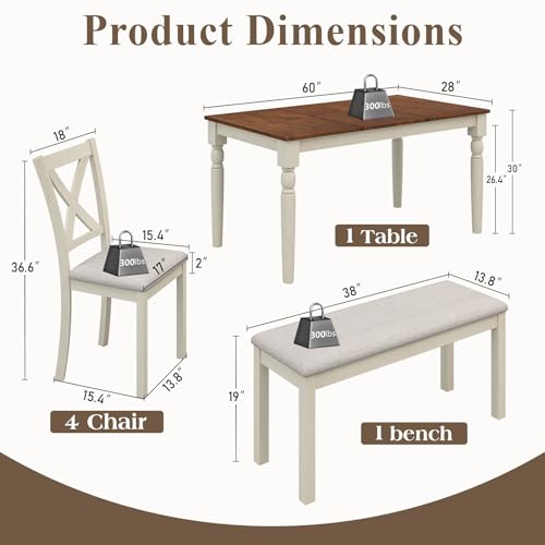 LUXOAK 6-Piece Solid Wood Dining Table Set, Upholstered Chair w/Bench Seat, Seating for 6,60\'\' Farmhouse Wood Kitchen Chairs Set for Living Room, Dining Room, Kitchen, Cream White - Thumbnail 2