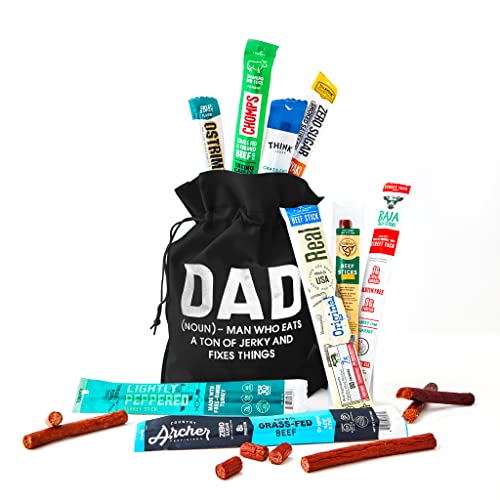 Jerky Gifts For Dad, Curated Jerky Stick Assortment, Funny Dad Gift Bag - Man Who Eats a Ton of Jerky and Fixes Things, Father s Day Gifts From Daughter