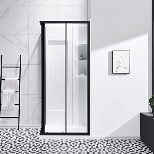 Ove Decors Marissa 36 In. Shower Kit With Glass Door Panels In Black, Wall Panels And Shower Base #TOP1