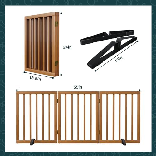 Semiocthome Bamboo Wood Dog Gates and Barriers Indoor,3-Panel Freestanding Puppy Gates for The House with 2 Metal Stands, 60cm Height Folding Pet Gate for Stairs, Doorway Expands Up to 140cm — view 5