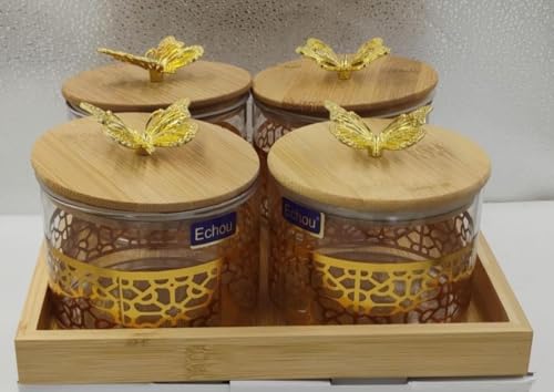 Image of DAILY SHOP ONLINE ROUND Glass Storage Container Jar Bowl With Bamboo BUTTERFLY Wooden Lids And Tray For Snack Candy Dry Fruit Canister (Set Of 4 Jar,685 ML Each)