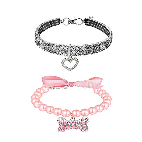 WoYous Rhinestones Dog Collar and Pearl Dog Necklace Set, Adjustable Neck Strap Bling Full Diamond Crystal Cute Pearl Dog Collar for Small Girls Cats Puppy Accessary for Wedding Birthday Party,