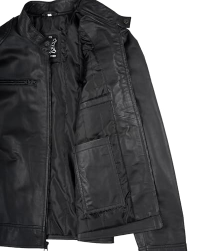 Image of fjackets Mens Leather Jacket - Real Lambskin Cafe Racer Jacket Stand Collar Moto Biker Zip Jacket For Men