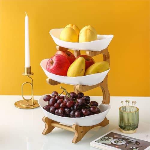 Qrenia 3 Tier Ceramic Fruit Bowl With Bamboo Wood Stand For Kitchen Counter, Fruit Bowl Basket With Holder Detachable Serving Tray, Dessert, Fruit,Cake, Candy Ceramic Storage Holder Set - White #TOP3