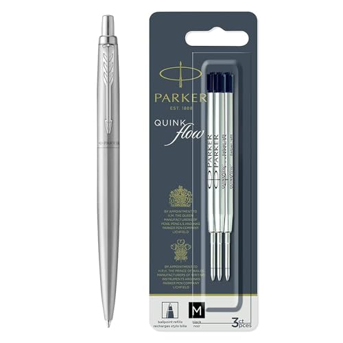 Parker Jotter XL Bolígrafo, Acero inoxidable monocromo, Punta media, Tinta azul, Caja de regalo y recambios de bolígrafo Parker, punta media, tinta negra QUINKflow, 3 unidades