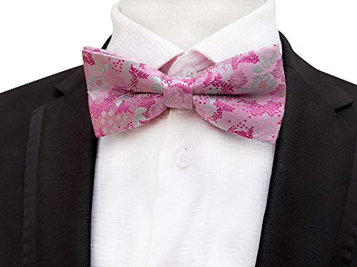 Mens Women Boys Pink White Floral Jacquard Silk Bow Tie Pocket Square Set Formal Designer Self Necktie #TOP3