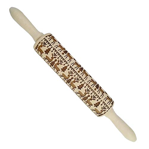 color mogu Christmas Wooden Rolling Pins Engraved Embossing Rolling Pin with Christmas Symbols for Baking Embossed Cookies