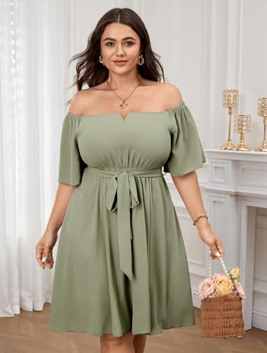Image of SCOMCHIC Womens Plus Size Cocktail Dress Summer Off Shoulder Short Sleeve Flowy Ruffle A-Line Cute Mini Dress with Belt