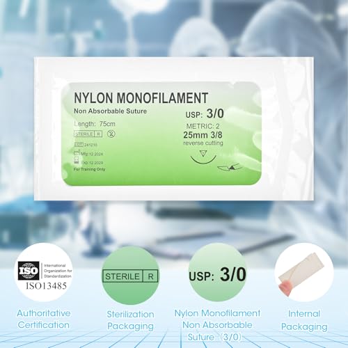 3/0 Nahtmaterial mit Übungsnadeln, Nachfüllpackung für Chirurgisches Nahtset, Nadel und faden set, Wundnaht-Kit Zusatz, idealer Naht-Übungsfaden für Studenten (12)