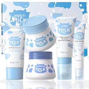 Milk Skin Care Sets Gift Kit for Women,Facial Skincare Kits ,Travel Size Skincare Set With Milk Toner,Facewash,Eye Cream,Cream,Sunscreen, Moisturizing Skin Care Kit Christmas Gift for Women
