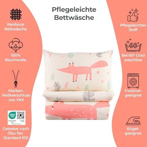 BELIKATO Pościel dziecięca 100 x 135 40 x 60-100% bawełna - pościel dla dziewczynek ze wzorem lisa - poszewka na poduszkę i kołdrę - kremowa/różowa