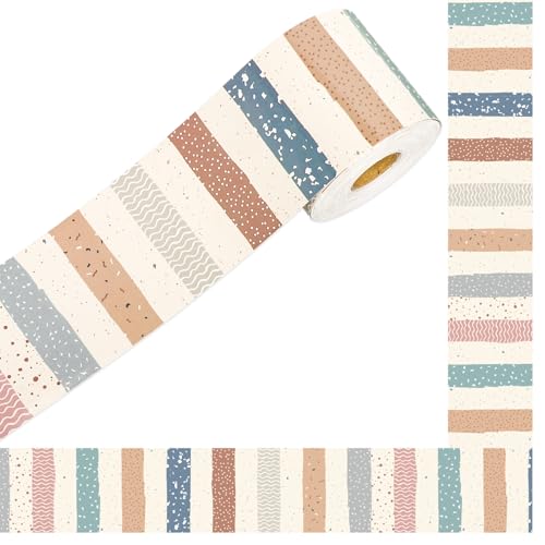 FYSUIMU 65.6 Ft Boho Stripe Bulletin Board Border Neutral Colored Striped Die Cut Trim Back to School Border Sticker Roll for Home Classroom Party Wall Decoration