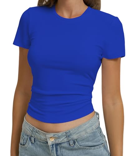 Image of OYIGELZ Women's Basic Short Sleeve Crop Top Y2K Slim Fit Casual T Shirt White Basic Tops Streetwear Tee(Royal Blue-T1,L)