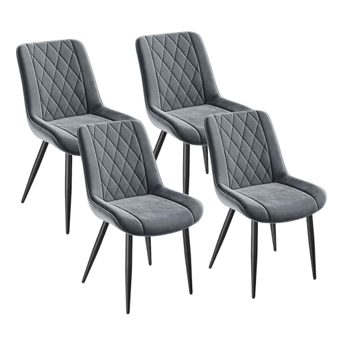 INRE Lot de 4 Chaises Salle à Manger en Velours, Chaise de Cuisine Rembourrée avec Dossier Ergonomique, Pieds en Métal, Patins Réglables, pour Salon Bureau Chambre, Gris Foncé