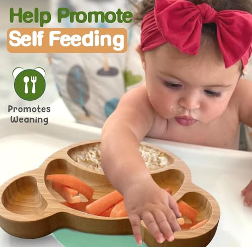 Bamboo Plates for Kids - Baby & Toddler Plates with Suction for Feeding & Weaning, Eco-Friendly Bear Design Promotes Self-Feeding, Ideal for Busy Moms & Dads, Sturdy & BPA-Free (Mint) by Linda's Essentials - Image 4